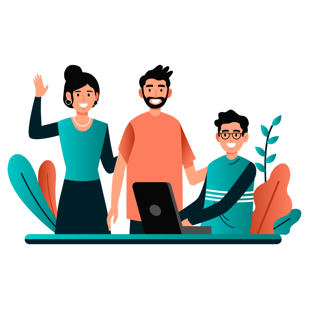 Cartoon image of 3 people smiling and working together