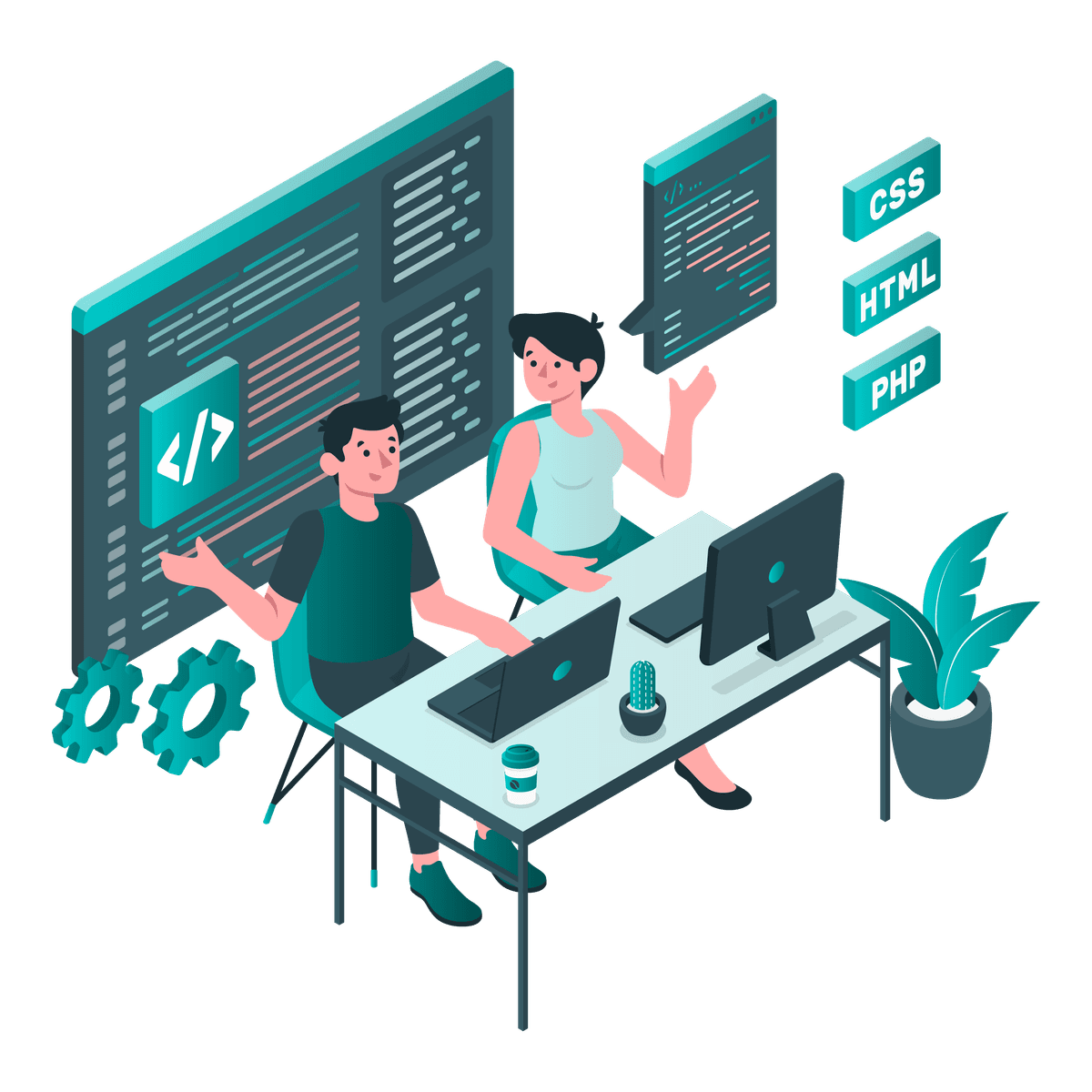 A cartoon image of two developers sitting at a desk looking at a computer screen and talking