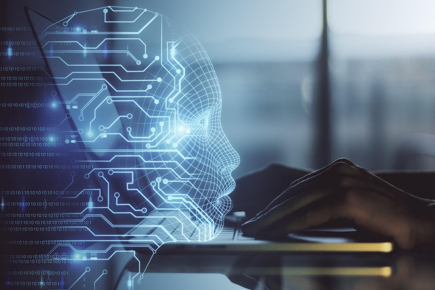 AI node face against laptop
