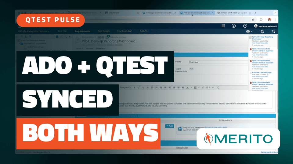 A qTest Manager requirement screen in a browser window on a teal background, with the headline ADO + QTEST SYNCED BOTH WAYS, a QTEST PULSE label and the Merito logo.