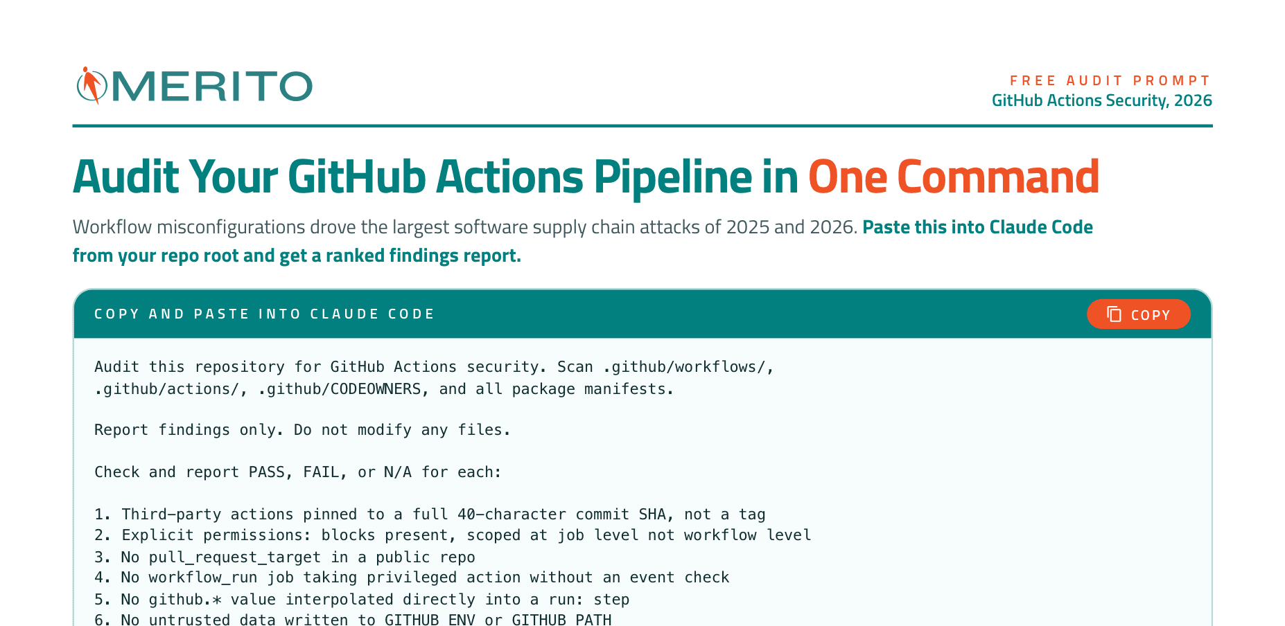 Merito free audit prompt PDF titled Audit Your GitHub Actions Pipeline in One Command, showing the copy-paste Claude Code prompt for a GitHub Actions security audit.
