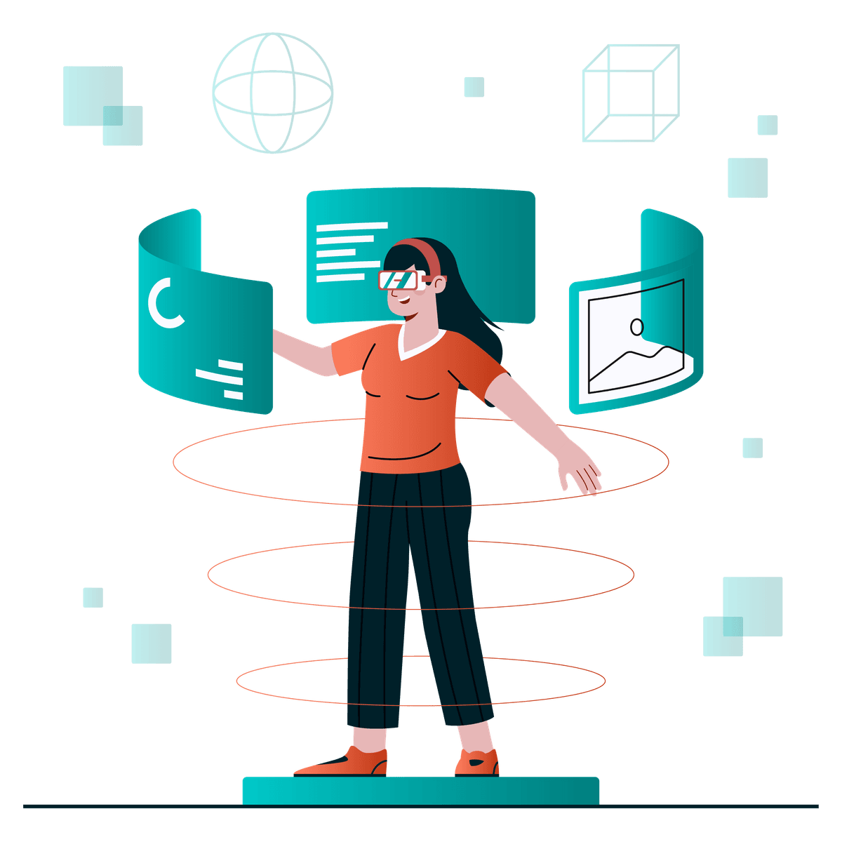 A cartoon woman viewing reporting dashbaoards with vr headset