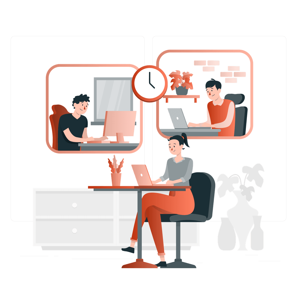 Cartoon image of people at their computers creating content.