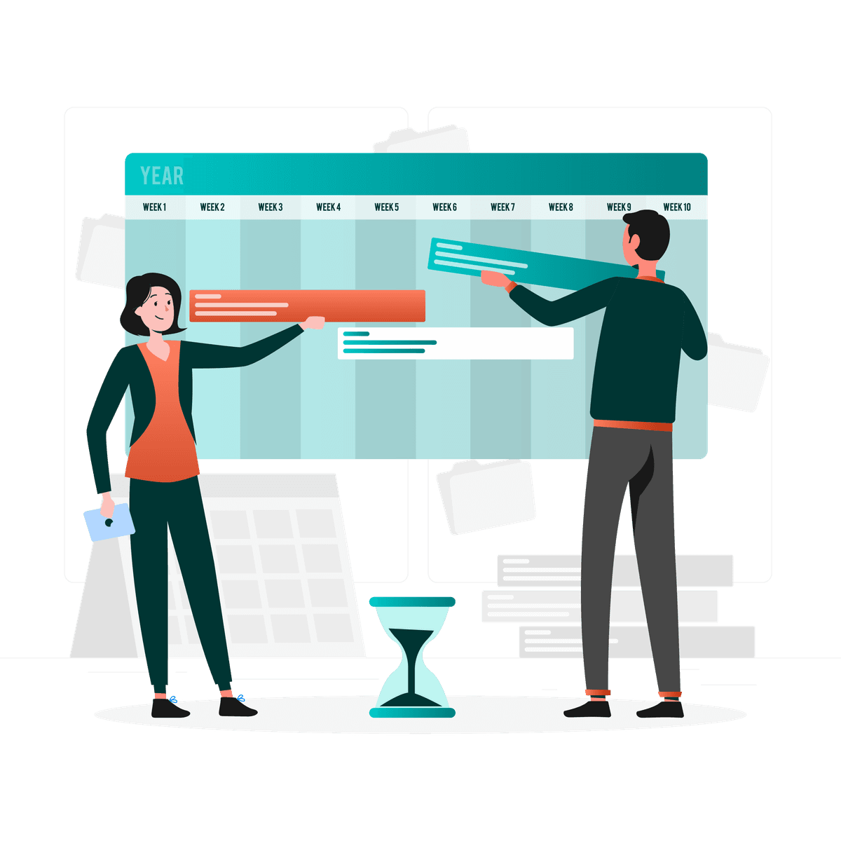 Cartoon image of people planning yearly inititatives.