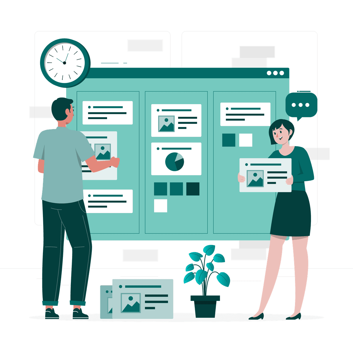 Cartoon graphic of people planning a project.