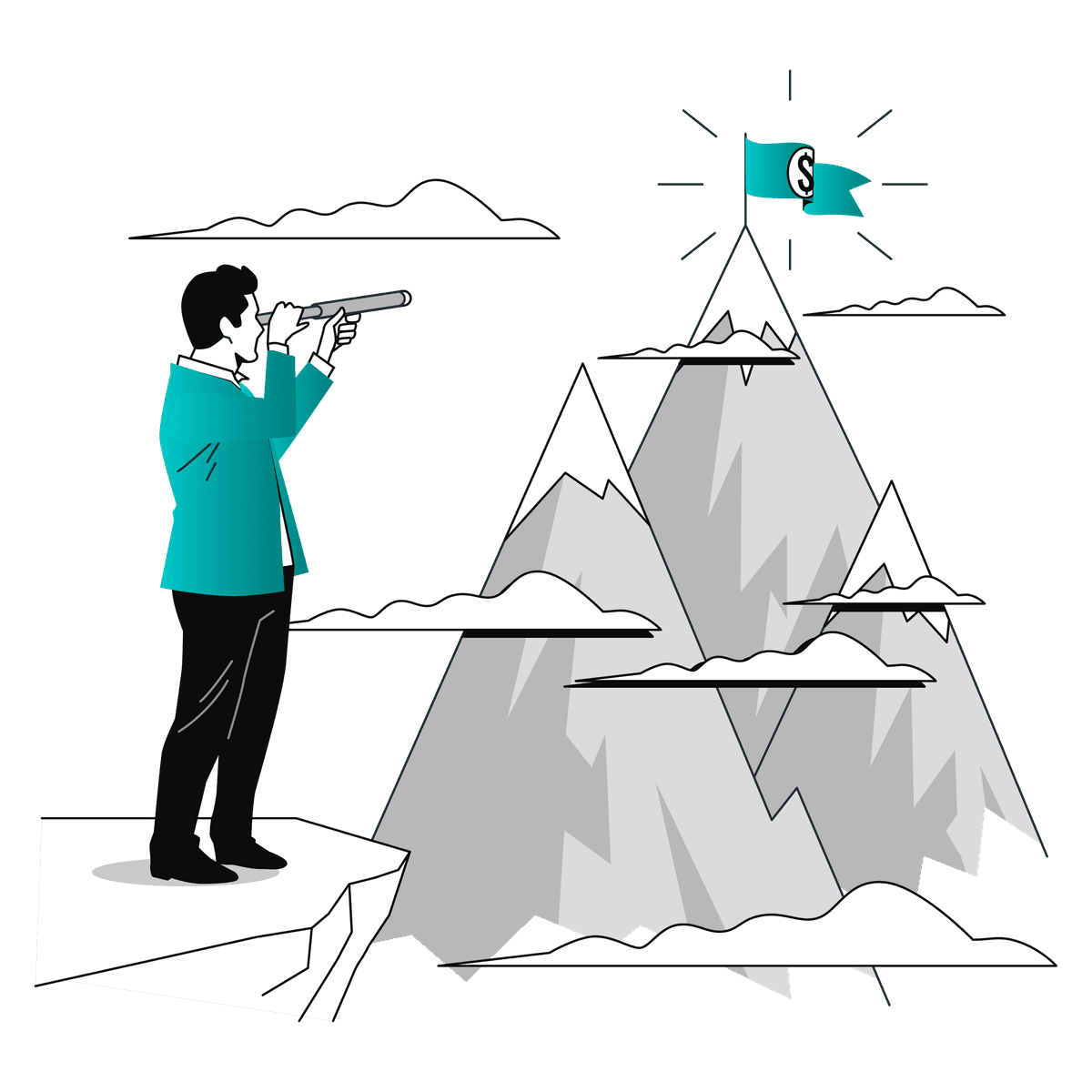 Cartoon image of man looking through telescope at mountain with a money flag on top