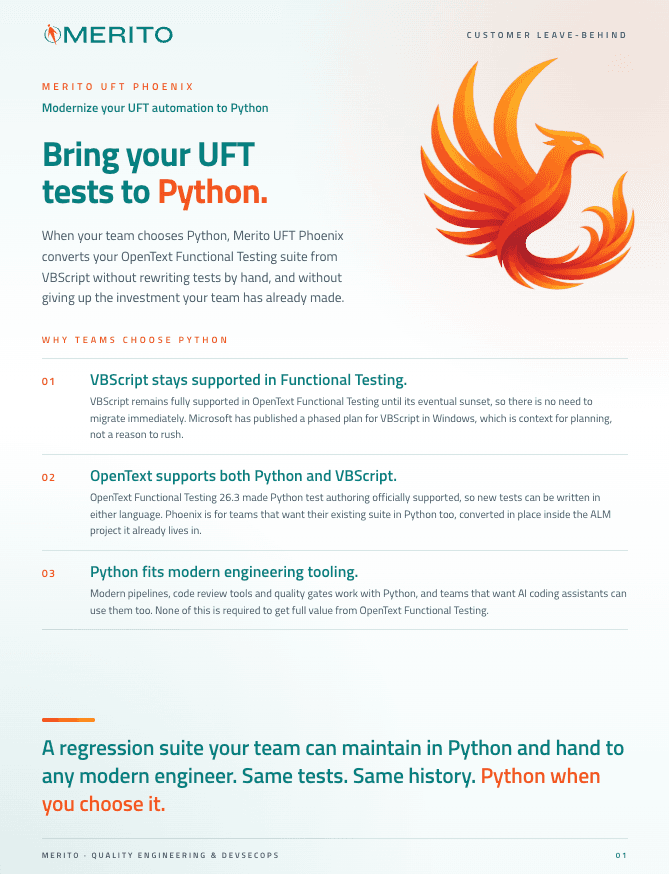 Merito UFT Phoenix Customer Leave-Behind discussing reasons why a customer might want to migrate their UFT scripts from VBScript to Python