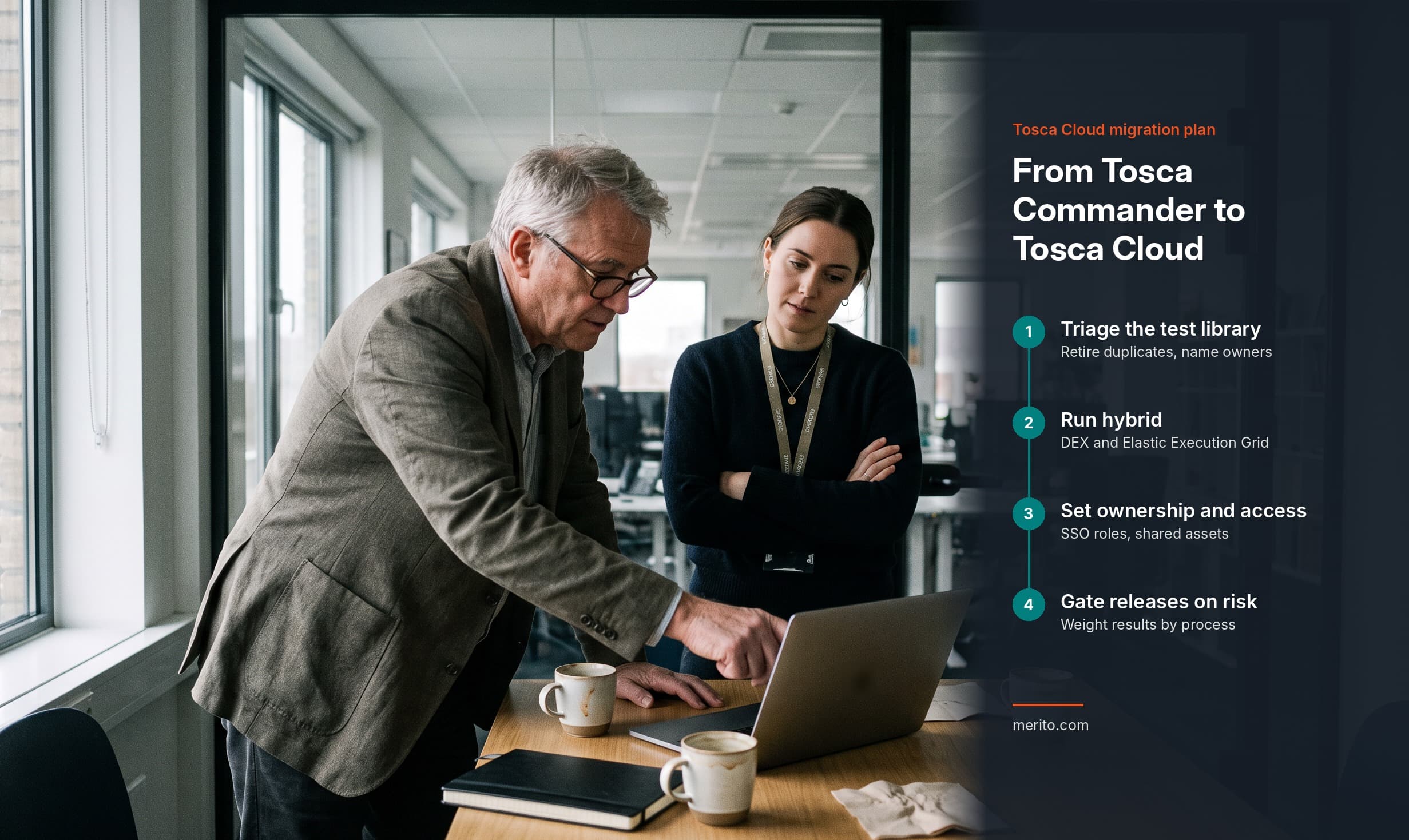 Two colleagues reviewing SAP release results on a laptop in a glass-walled meeting room, beside a four-step Tosca Cloud migration plan covering test library triage, hybrid execution, ownership and access, and risk-based release gates.