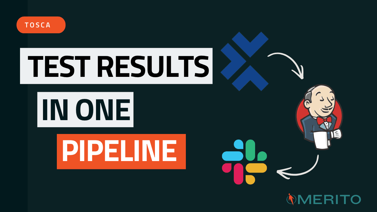 Tosca Cloud, Jenkins, and Slack logos connected by arrows showing an automated test pipeline from execution to team notification
