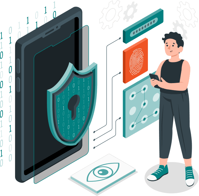 Cartoon illustration of a person with a secure mobile device with password and analytics icons floating around them.