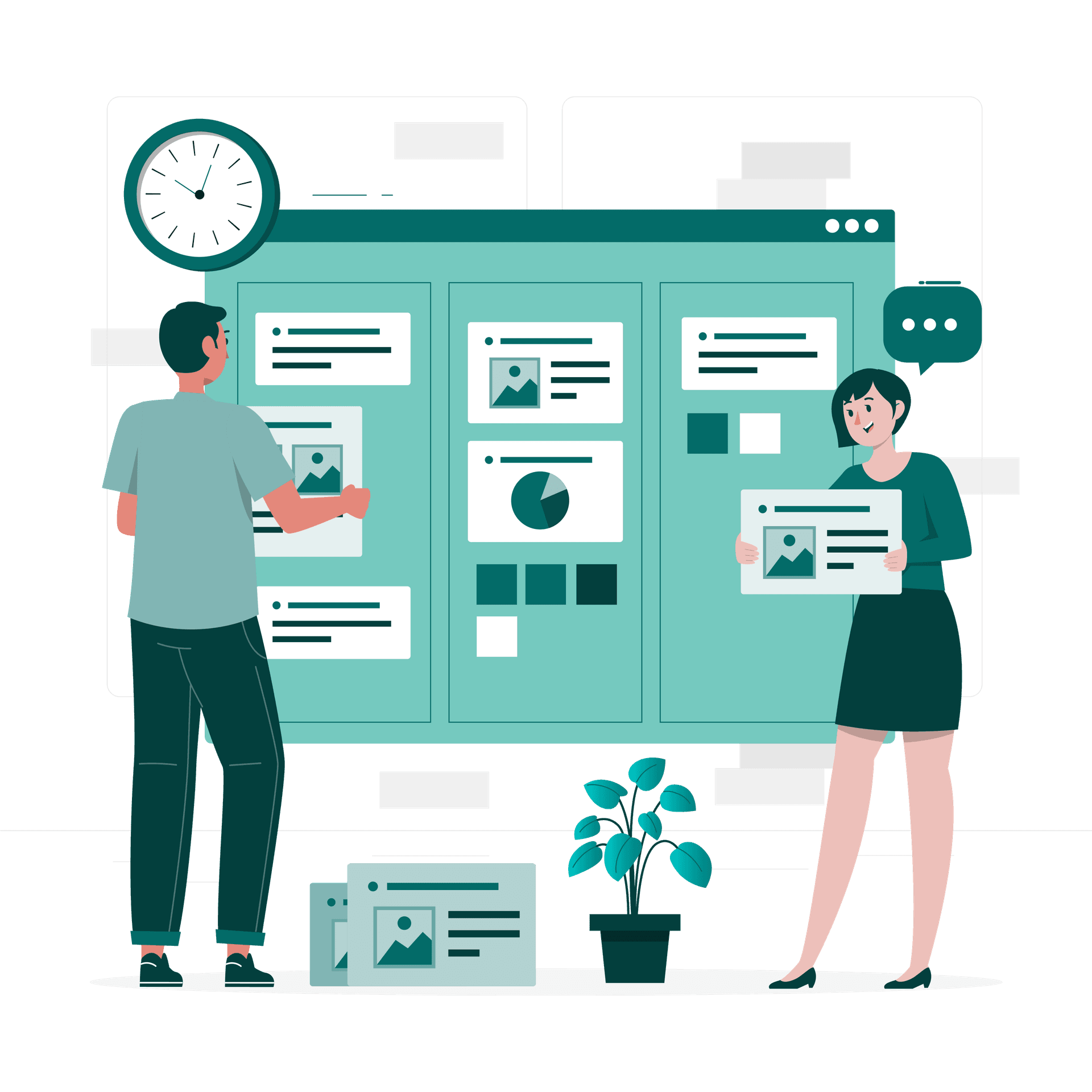 A cartoon illustration of 2 people collecting data and analyzing it on a large screen depicting an assessment dashboard.