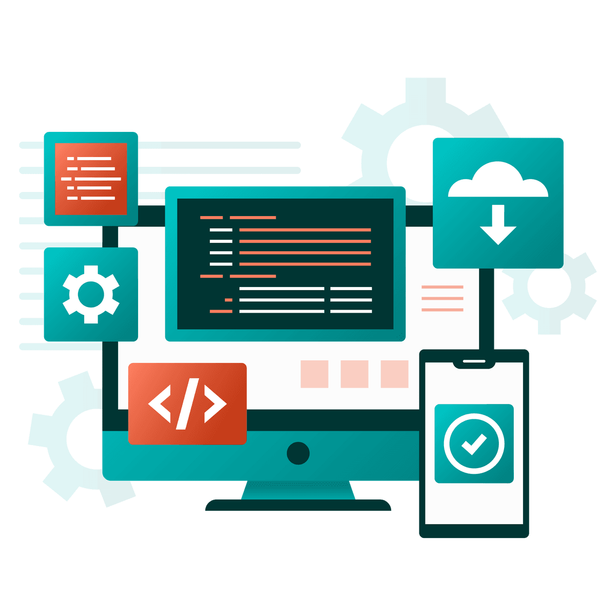A cartoon image of a computer and phone with code icons on the screen